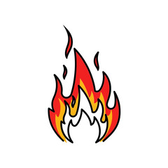 Naklejka premium Vibrant cartoon style fire flame illustration. Graphic symbol of heat, energy, and danger in red, orange, yellow tones on white.