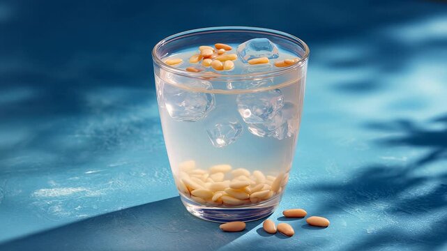 Closeup of Clear Glass of Water with Pine Nuts Falling in on Blue Surface