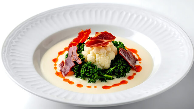 Haute cuisine. Spanish crema de coliflor y col rizada (cream of cauliflower and kale), garnished with crispy jam&oacute;n ib&eacute;rico and smoked paprika oil, in a white porcelain soup plate 