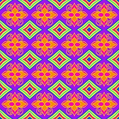 Tribal Floral Diamond on Purple
Red-orange floral with vibrant diamonds on purple, blending tribal elegance and cultural depth.