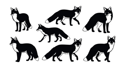 Obraz premium Collection of Black and White Foxes in Various Poses, Isolated on a White Background