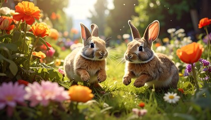 Two Rabbits in a Spring Garden.
