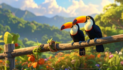 Two Toucans Perched on a Branch in a Lush Tropical Setting.