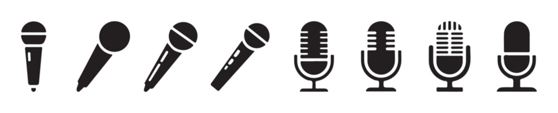 Collection of black microphone icons. various mic symbols for recording and sound isolated on white