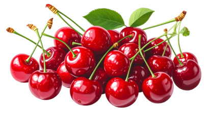 A pile of ripe, red cherries with green stems and leaves, vibrant against black