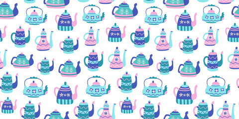 Pattern cartoon teapots. Tea time. A hot, healthy, warming drink in a brightly colored teapot. Hand-drawn ceramic kettle.