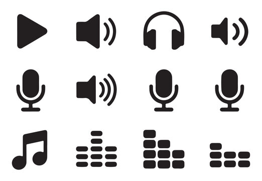 Set of modern flat design black microphone icons for audio recording podcasting and voice acting applications