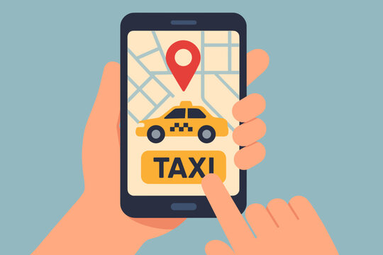 Close up of a person's hand holding a smartphone displaying a taxi app with a map pin showing the location of a yellow taxi on a muted blue background perfect for transportation services