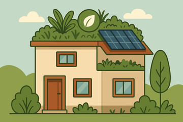Eco Friendly House with Green Roof Solar Panels and Lush Vegetation Under a Clear Sky with Clouds and Surrounding Trees and Bushes