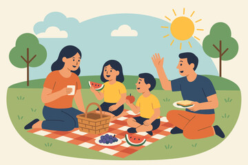 Family Picnic Day In A Sunny Park With Green Trees And Blue Sky Holding Watermelon And Sandwiches