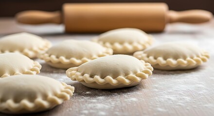 Uncooked Empanadas Ready for Baking with Rolling Pin.