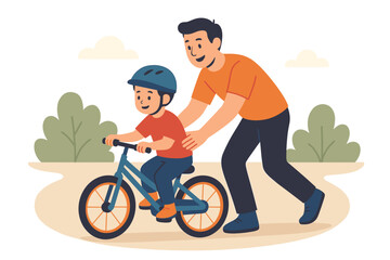 Father Teaching Son To Ride Bicycle Outdoors With Green Trees And Clouds In The Background During Daytime With Bright Sunlight