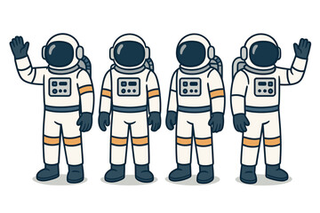 Four Astronauts in White Spacesuits with Orange Accents Waving and Standing Against a Black Background Simple Flat Design Illustration of Space Explorers Ready for Adventure