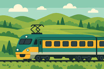 Green and yellow high speed train traveling through lush rolling hills and green fields under a bright blue sky with fluffy clouds on a sunny day