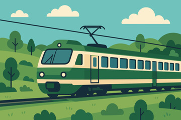 Green and Cream Passenger Train Traveling on Tracks Through Lush Green Rolling Hills Under a Blue Sky with White Clouds and Overhead Power Lines