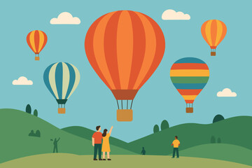 Group of Colorful Hot Air Balloons Ascending Over Lush Green Rolling Hills Under a Bright Blue Sky with Fluffy Clouds and Silhouetted People Watching Below