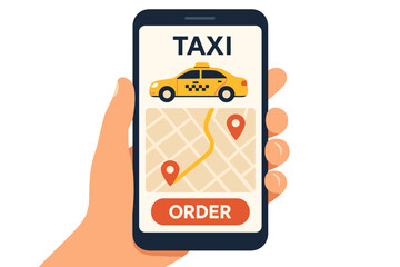 Hand Holding Smartphone Showing Taxi App With Map Route Order Button And Yellow Car Illustration On Black Background