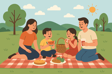 Happy Family Enjoying a Sunny Picnic in a Grassy Park with Trees and Hills in the Background Under a Blue Sky with Clouds