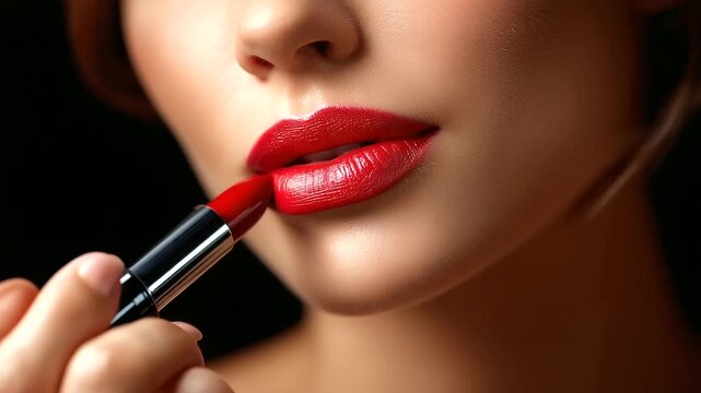 Close-up of vibrant red lipstick application for glamorous beauty look, cosmetic makeup detail, lip color precision, feminine style, with copy space