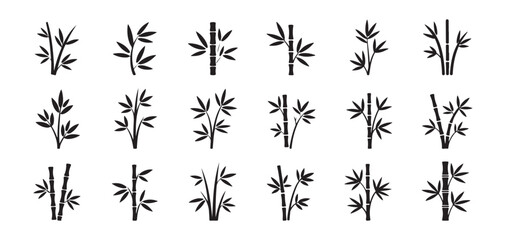 Set of bamboo tree design elements, bamboo plant leaves and branches vector illustration on white background