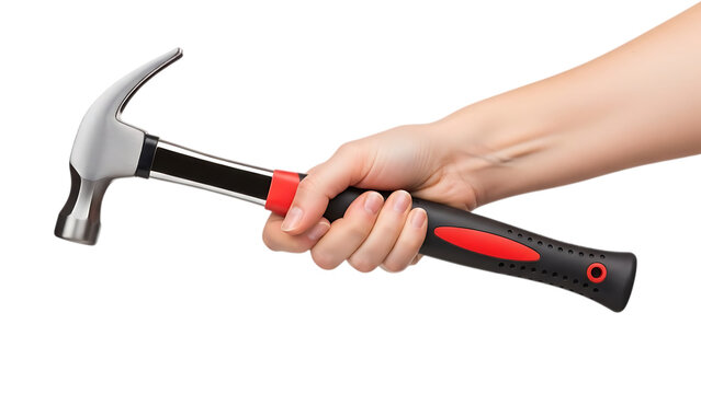 Woman's hand holding hammer cut out on PNG. DIY and construction concept. AI GENERATED.