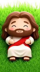 A cartoon character resembling Jesus lies on green grass. The character has long brown hair, a beard, and wears a white robe with a red sash. The scene is cheerful and playful.