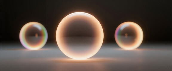 Three glowing spheres in soft light on dark background 
