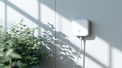 Modern Wall-Mounted Device with Minimalist Design and Green Plant
