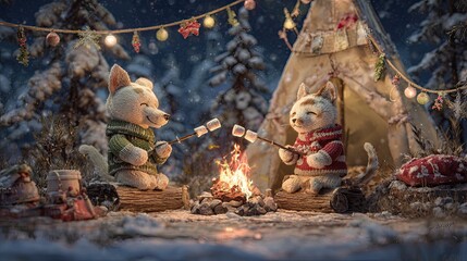 Cozy Winter Scene with Animal Friends by Campfire in Snowy Forest