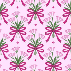 Seamless pattern with bouquets of pink flowers tied with bows. Vector graphics.