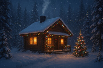 Naklejka premium Cozy Wooden Cabin in Snowy Winter Forest with Warm Christmas Lights and Decorated Tree