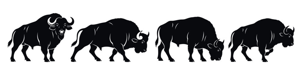 Obraz premium Dynamic collection of American bison and buffalo vector silhouettes, showcasing powerful wildlife in various natural poses, embodying strength and wilderness for diverse design projects