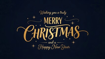Elegant golden text wishing a Merry Christmas and a Happy New Year on a dark blue background with subtle stars.