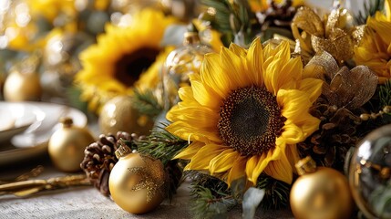 Bright Sunflowers and Elegant Christmas Decorations on a Table