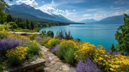 Scenic Mountain Lake with Colorful Wildflowers and Clear Blue Sky