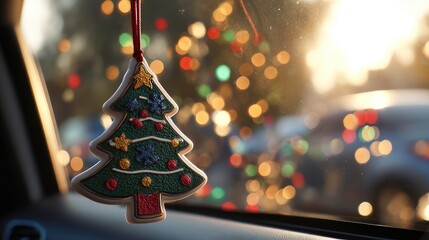 Decorative Christmas Tree Ornament Hanging in Car with Bokeh Light