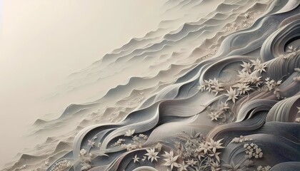 和モダンな雲海と白い花のテクスチャ。流れるような抽象的な波紋
Wabi-Sabi Flowing Cloud and White Floral Pattern. Abstract Wavy Texture in Japanese Style