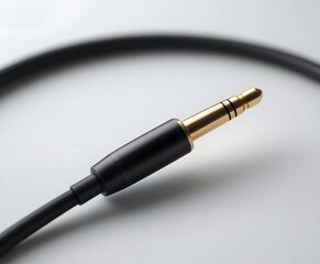 A detailed view of a black and gold 3.5mm auxiliary audio jack for connecting devices. aux cord