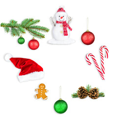 Сhristmas and New Year decorative elements collection on white background. Snowman, Santa hat, gingerbread man, pine cones, tree branch, candy canes, baubles. For greeting cards, banners, mockups.