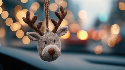 Cute Reindeer Ornament Hanging in Festive Car with Bokeh Lights