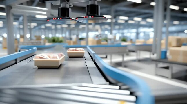 Automated meat packaging on conveyor belt in modern food processing facility horizontal video
