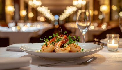 Elegant fine dining table with gourmet plated dish, wine glasses and candlelight, creating a luxurious restaurant atmosphere ideal for upscale cuisine and special occasions.