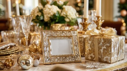 Elegant Holiday Table Setting with Gold Decor and Empty Frame