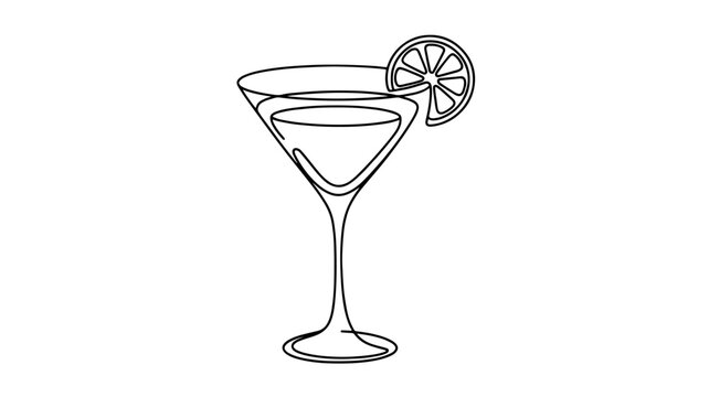  a minimalist, continuous line drawing of a cocktail glass, likely a martini or cosmopolitan glass, garnished with a citrus slice