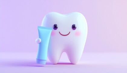Cute smiling cartoon tooth standing next to toothpaste on a soft pastel background, perfect for dental hygiene concepts, oral care education, kids dentistry, healthcare visuals, and friendly branding.