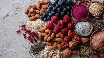Colorful Arrangement of Nuts, Berries, and Superfood Powders