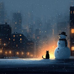 Cozy Winter Scene with Snowman, Cat, and City Lights at Night