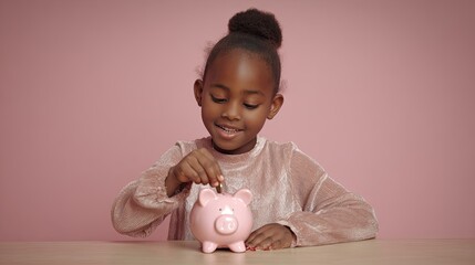 Young Girl Contributing Coins to Pink Piggy Bank on Light Background