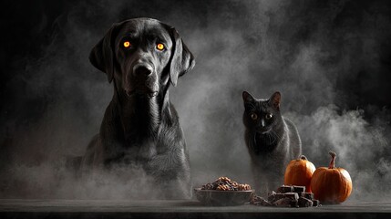 Black dog and black cat with spooky pumpkins in dark foggy setting