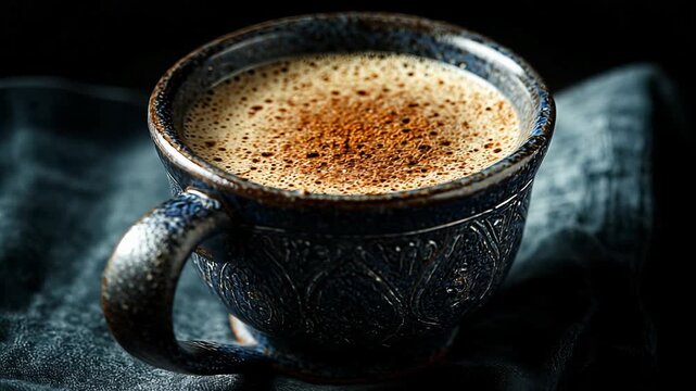 Closeup of a steaming cup of coffee in an ornate ceramic mug with intricate patterns on a dark textured cloth
